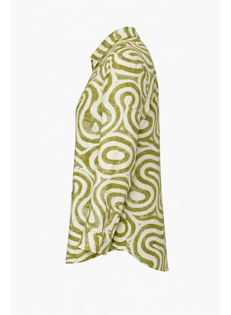 Women's Abstract Print Linen Blend Shirt, Green and White, Long Sleeves, Classic Pointed Collar, Button-Down, Relaxed Fit - Image 3