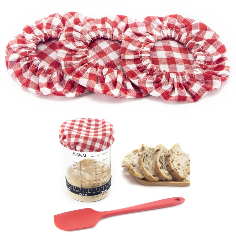 ZUAWAE Sourdough Jar Cover Reusable Sourdough Cloth Cover 3pc Handmade Cotton Cloth Covers for Sourdough Starter Jar Sourdough Bread Baking Supplies Fit Jars Mouth from 34 Inch Red Plaid - Image 3