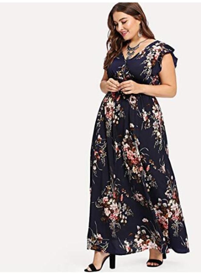 New European And American Large Size Women's Dress Chiffon Elastic Waist Lotus Leaf Sleeve Printed Spring And Summer Large Swing Dress 