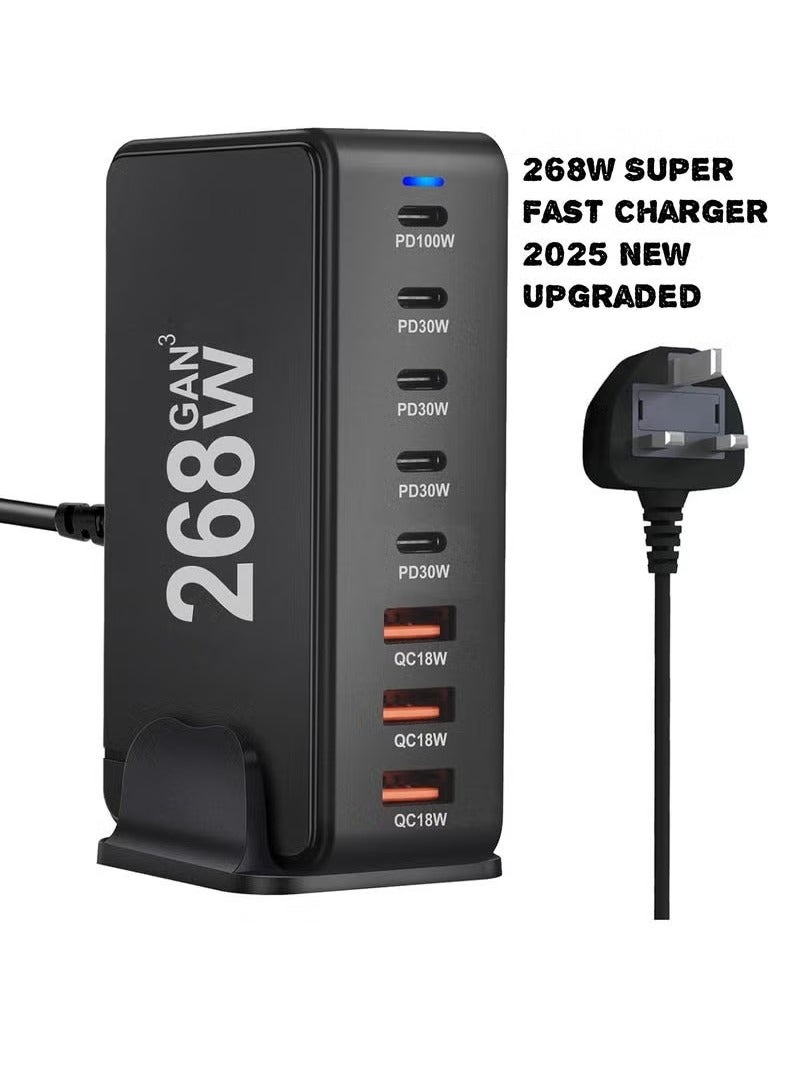 JAJEEK 268 واط شاحن سريع متعدد USB بتقنية GaN مع 8 منافذ – محطة شحن محمولة بمخارج USB-C و USB-A، محول شريط الطاقة للهواتف والأجهزة اللوحية وأجهزة الكمبيوتر المحمولة والمزيد – شحن عالي السرعة مع قابس بريطاني، مركز طاقة أسود مدمج وآمن - Image 1