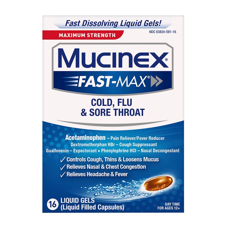 MUCINEX Maximum Strength Mucinex Fast-Max Cold, Flu, & Sore Throat Liquid Gels, 16ct, Controls Cough, Thins & Loosens Mucus, Relieves Nasal & Chest Congestion, Headache & Fever - Image 1