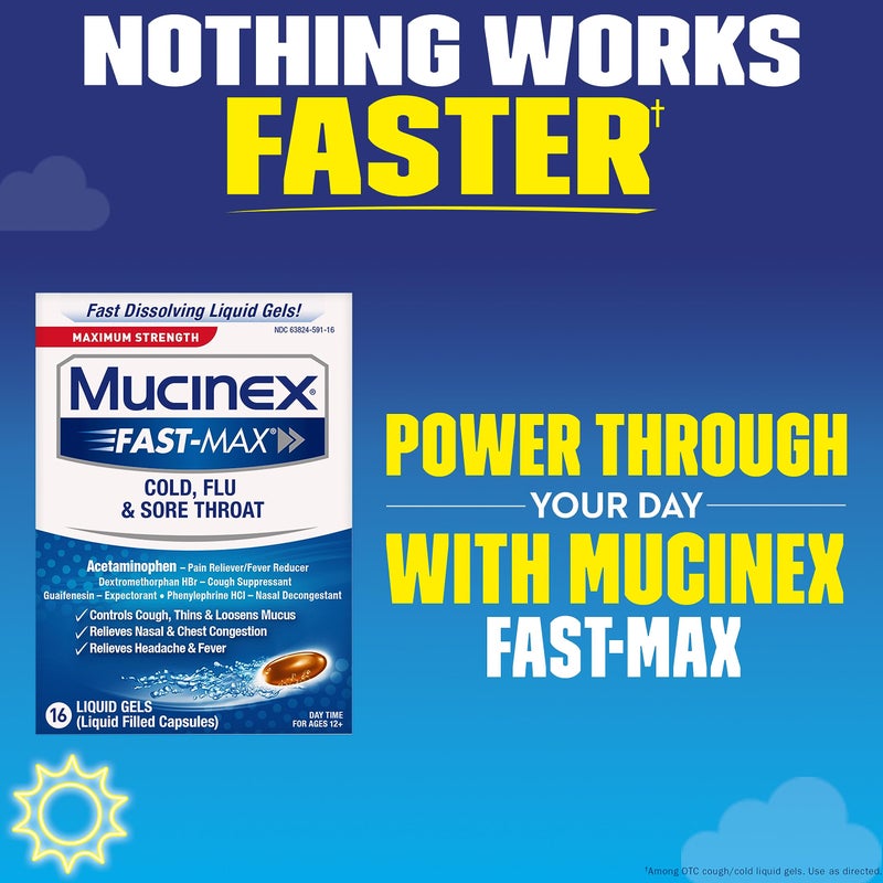 MUCINEX Maximum Strength Mucinex Fast-Max Cold, Flu, & Sore Throat Liquid Gels, 16ct, Controls Cough, Thins & Loosens Mucus, Relieves Nasal & Chest Congestion, Headache & Fever - Image 5
