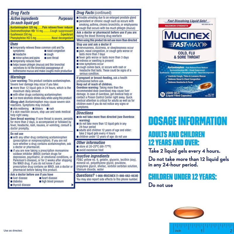 MUCINEX Maximum Strength Mucinex Fast-Max Cold, Flu, & Sore Throat Liquid Gels, 16ct, Controls Cough, Thins & Loosens Mucus, Relieves Nasal & Chest Congestion, Headache & Fever - Image 2