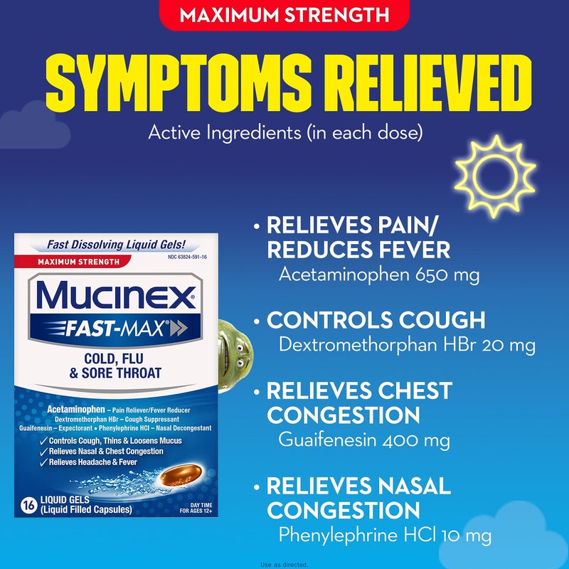 MUCINEX Maximum Strength Mucinex Fast-Max Cold, Flu, & Sore Throat Liquid Gels, 16ct, Controls Cough, Thins & Loosens Mucus, Relieves Nasal & Chest Congestion, Headache & Fever - Image 3