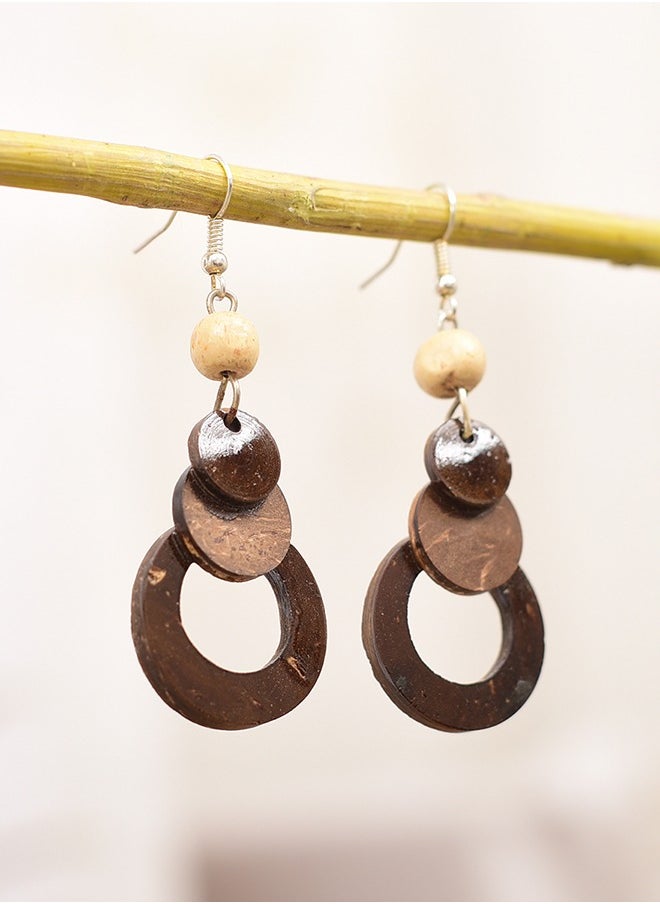 N & H - Eco-friendly Handmade Jewellery Coconut Wooden Earrings Lightweight Hoopwire Earrings Bohemian Pendant Dangle Earrings Set - Image 1