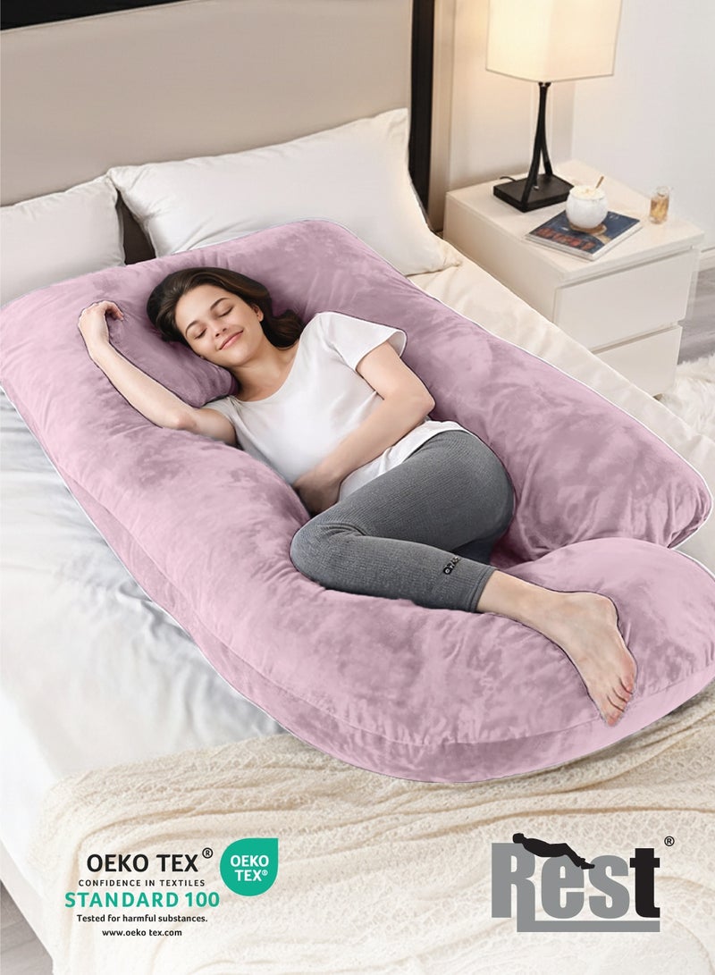 Rest Premium Velvet G Shaped Pregnancy Pillow 70x140cm Maternity Full Body Pillow For Pregnant Women for Back , Hip , Neck and Knee Support with Removal Cover , Pink - Image 2