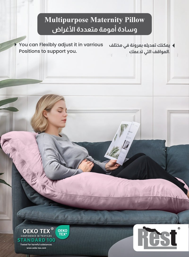 Rest Premium Velvet G Shaped Pregnancy Pillow 70x140cm Maternity Full Body Pillow For Pregnant Women for Back , Hip , Neck and Knee Support with Removal Cover , Pink - Image 4