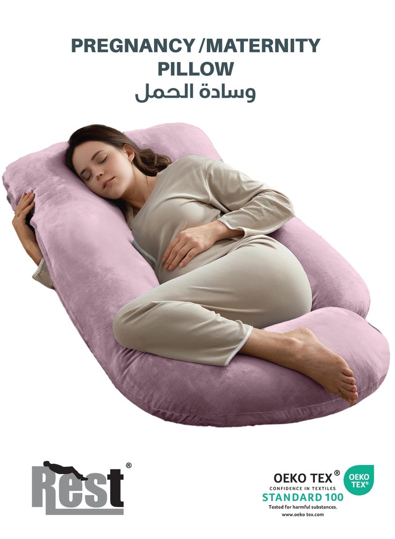 Rest Premium Velvet G Shaped Pregnancy Pillow 70x140cm Maternity Full Body Pillow For Pregnant Women for Back , Hip , Neck and Knee Support with Removal Cover , Pink - Image 1