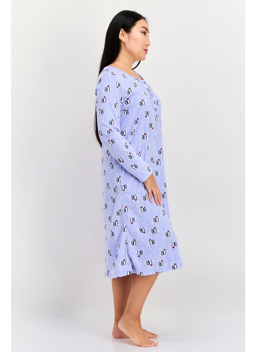 Carole Hochman - Women Penguin Print Full Sleeves Sleepwear Dress, Light Purple - Image 1