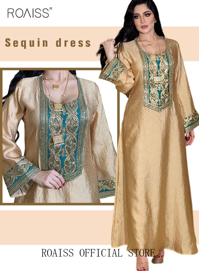 roaiss Women Luxury Gold Embroidered Robe Maxi Dresses Stylish Abaya Square Collar Dress Middle East Arabic Banquet Wedding Party Dress Women's Festival Clothing Gold  - Image 1