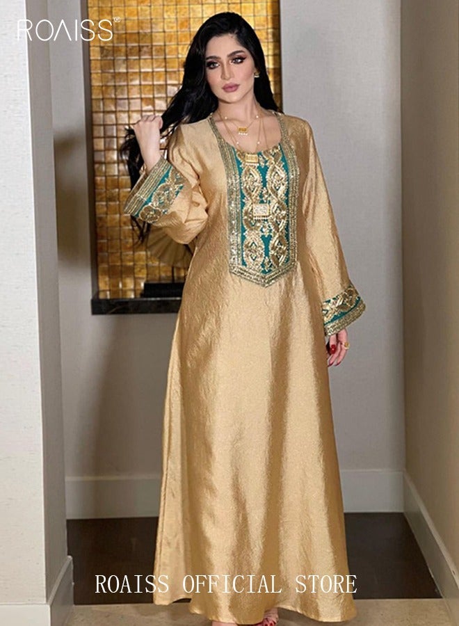 roaiss Women Luxury Gold Embroidered Robe Maxi Dresses Stylish Abaya Square Collar Dress Middle East Arabic Banquet Wedding Party Dress Women's Festival Clothing Gold  - Image 2