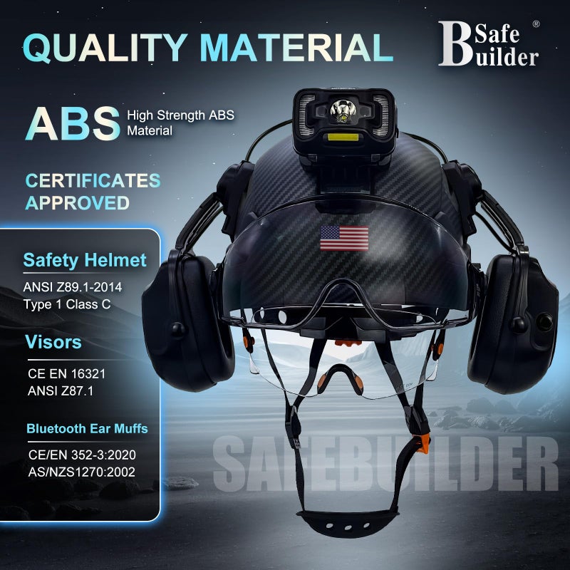 SAFEBUILDER Hard Hats with Bluetooth Ear Muffs Headlight Safety Helmet with Visor Vented Adjustable Construction Forestry Hardhats ANSI (MTBK+CSV+BTE+SHL01) - Image 3