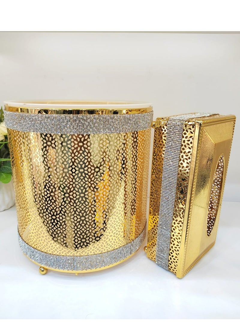 Generic Dustbin And Tisse Box Set Gold Dustbin With Tissue Box Handmade Beautifull Silver Decoration By Damanhoor 