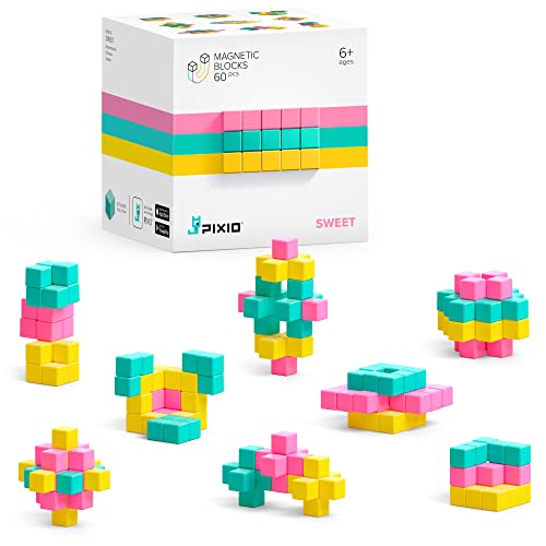 PIXIO Sweet - Tiny Magnetic Blocks Building Toy in The Pixel Art Style with Free App - 5/16" Plastic Cubes with 6 Magnets Inside - Open Ended Toy - Creativity Kit for Ages 6+ - 60pcs - Image 1