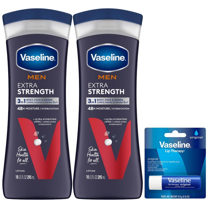 Vaseline لوشن فازلين للرجال قوة إضافية 3 في 1 للوجه واليدين والجسم علاج شفاه أصلي للشفاه الجافة مع هلام البترول مجموعة من 3 قطع