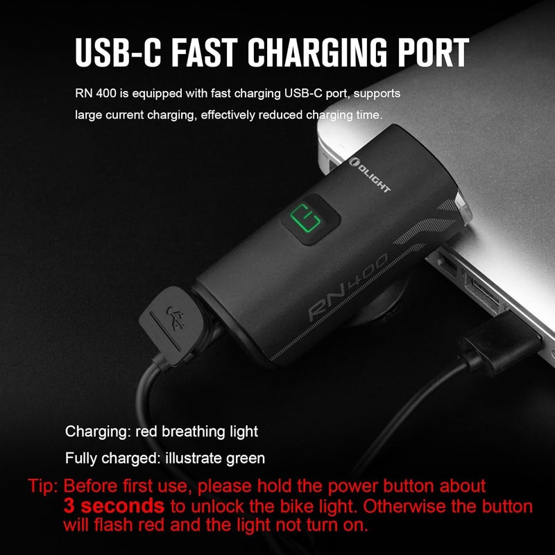 OLIGHT RN 400 LED Bike Lights, 400 Lumens USB Type-C Rechargeable Front Light, IPX7 Waterproof Bicycle Headlight for Road Urban Cyclists Black - Image 4