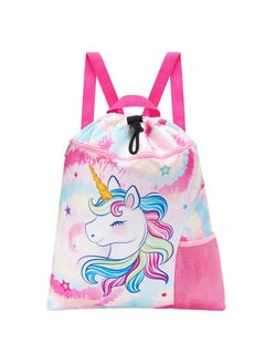 WAWSAM Unicorn Kids Drawstring Backpack - Waterproof String Backpack Gym Bag for Girls Portable Lightweight Backpack Sport Beach Travel Swim Sackpack with Zipper Pocket Water Bottle Pocket  - Image 1
