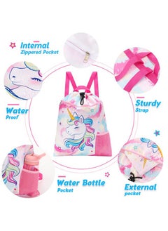 WAWSAM Unicorn Kids Drawstring Backpack - Waterproof String Backpack Gym Bag for Girls Portable Lightweight Backpack Sport Beach Travel Swim Sackpack with Zipper Pocket Water Bottle Pocket  - Image 2