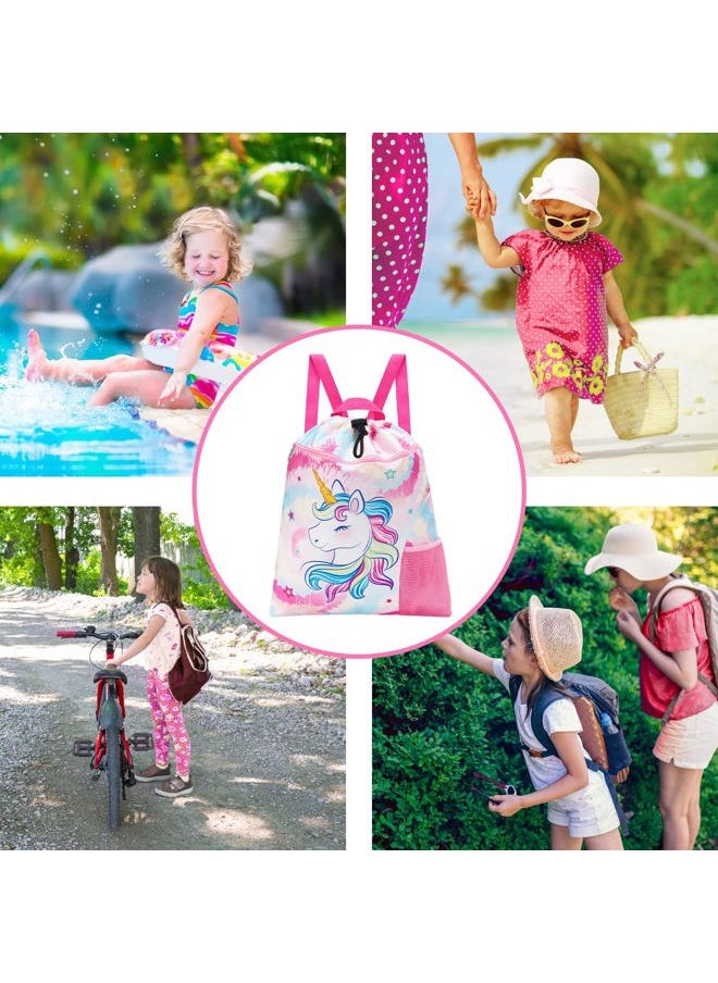 WAWSAM Unicorn Kids Drawstring Backpack - Waterproof String Backpack Gym Bag for Girls Portable Lightweight Backpack Sport Beach Travel Swim Sackpack with Zipper Pocket Water Bottle Pocket  - Image 4