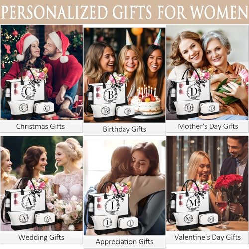 FLOE Personalized Gifts for Women, Initial Canvas Tote Bag & Makeup Bag Monogrammed Beach Tote Bags for Women w/ Zipper, Mothers Day Birthday Gifts for Mom Her Wife Girlfriend Sister Best Friend Teacher - Image 5