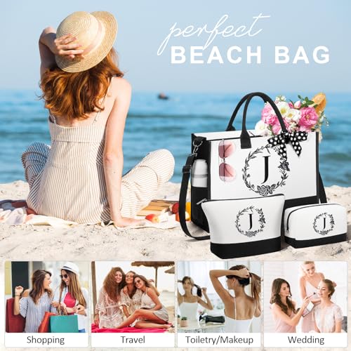 FLOE Personalized Gifts for Women, Initial Canvas Tote Bag & Makeup Bag Monogrammed Beach Tote Bags for Women w/ Zipper, Mothers Day Birthday Gifts for Mom Her Wife Girlfriend Sister Best Friend Teacher - Image 4