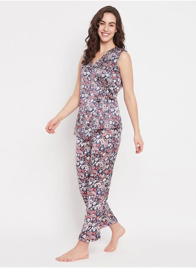 Clovia Satin Paisley Print Angrakha Top & Pyjama Set