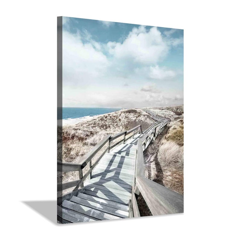 Hardy Gallery Beach Pier Canvas Wall Art: Boardwalk Stair Picture Graphic Art Painting for Wall Decor(18''x24'') - Image 1