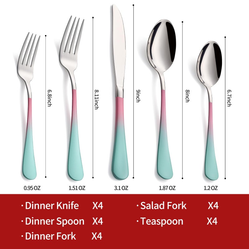 Onlycooker Colorful Silverware Set 20 Piece 18/0 Stainless Steel Flatware Pink and Green Handle Cutlery Set Service for 4 Fork Knife Spoon Set Mirror Finish Dishwasher Safe - Image 2