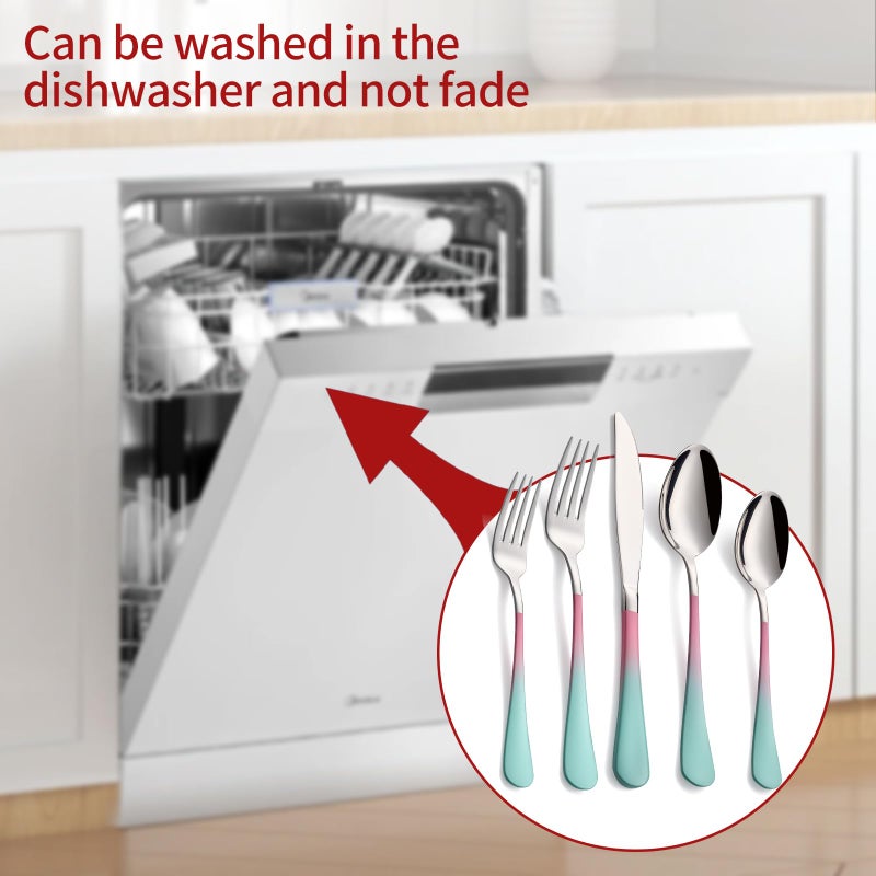 Onlycooker Colorful Silverware Set 20 Piece 18/0 Stainless Steel Flatware Pink and Green Handle Cutlery Set Service for 4 Fork Knife Spoon Set Mirror Finish Dishwasher Safe - Image 5