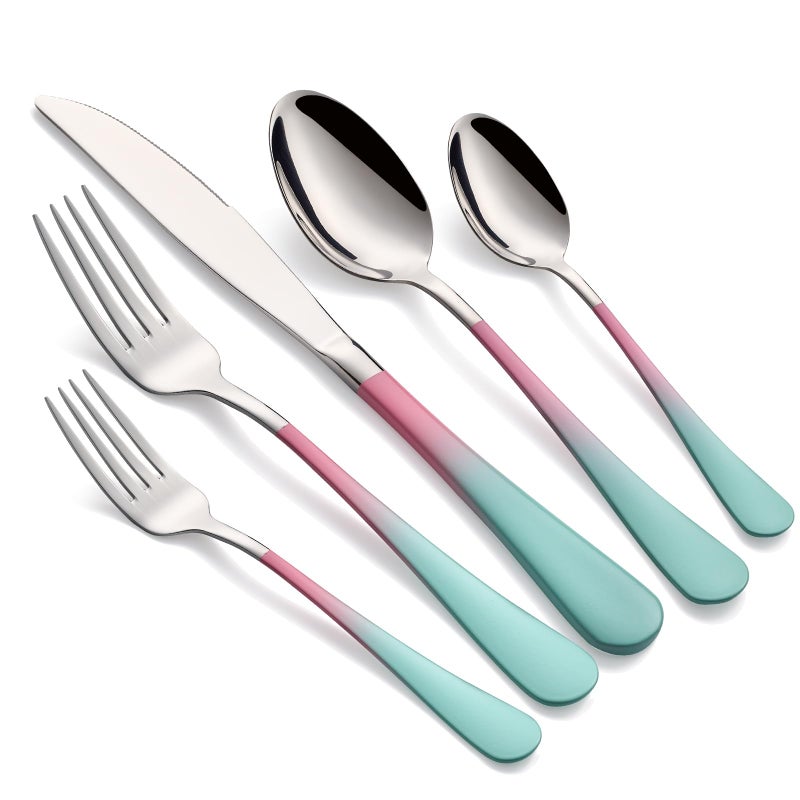 Onlycooker Colorful Silverware Set 20 Piece 18/0 Stainless Steel Flatware Pink and Green Handle Cutlery Set Service for 4 Fork Knife Spoon Set Mirror Finish Dishwasher Safe - Image 1