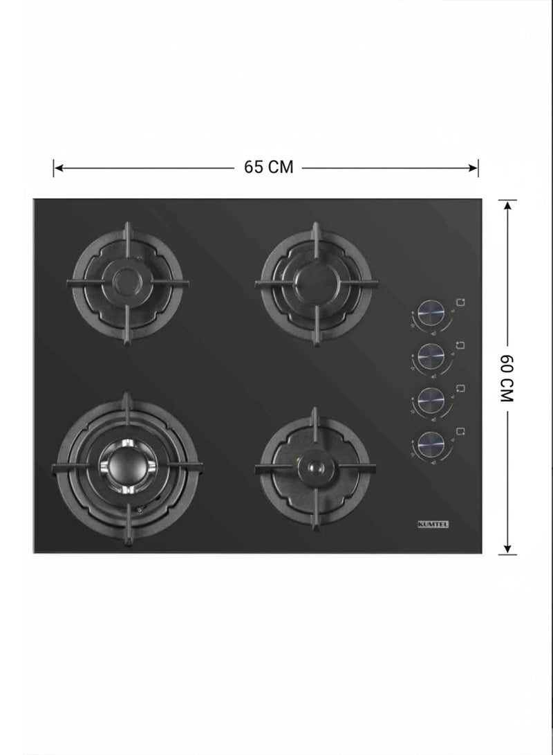 Kumtel Built-in Gas Cooker - 4 burners - 65 cm - Turkish - black Glass - C6-40BTF - Image 3