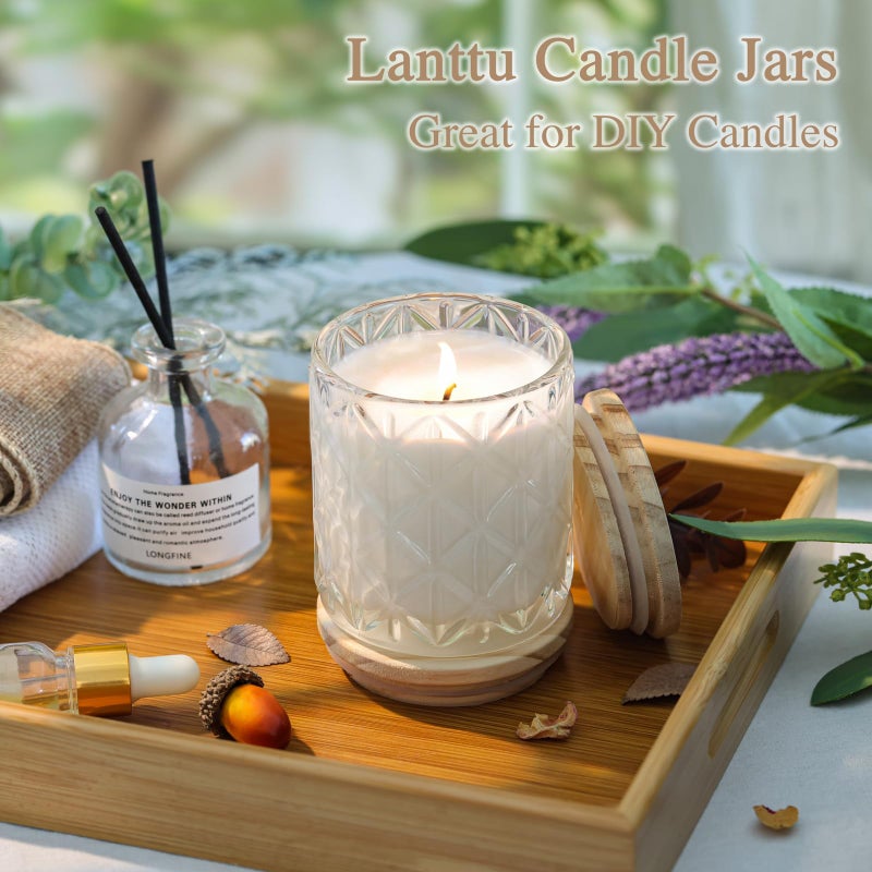 Lanttu 10pcs Empty Clear Diamond Glass Candle Jars, 7oz Glass Containers with Wooden Lids and Labels, Candle Vessels for DIY, Gifts, Candle Making Supplies, Wedding Decorations - Image 3