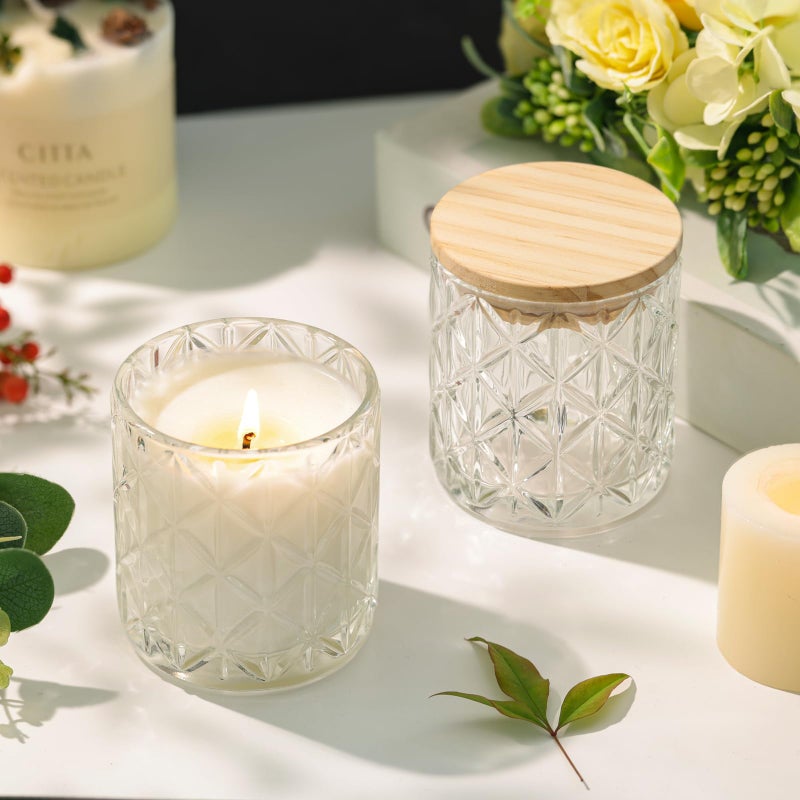 Lanttu 10pcs Empty Clear Diamond Glass Candle Jars, 7oz Glass Containers with Wooden Lids and Labels, Candle Vessels for DIY, Gifts, Candle Making Supplies, Wedding Decorations - Image 4