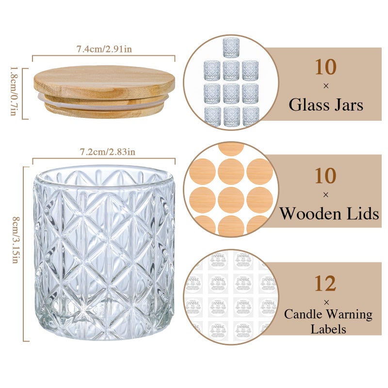 Lanttu 10pcs Empty Clear Diamond Glass Candle Jars, 7oz Glass Containers with Wooden Lids and Labels, Candle Vessels for DIY, Gifts, Candle Making Supplies, Wedding Decorations - Image 2