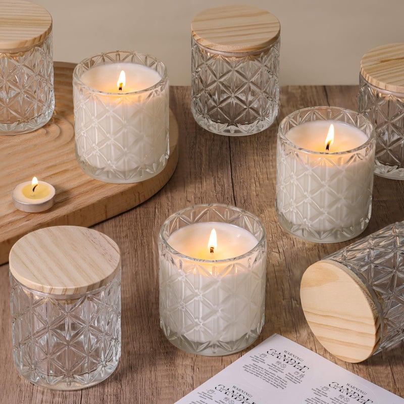 Lanttu 10pcs Empty Clear Diamond Glass Candle Jars, 7oz Glass Containers with Wooden Lids and Labels, Candle Vessels for DIY, Gifts, Candle Making Supplies, Wedding Decorations - Image 1