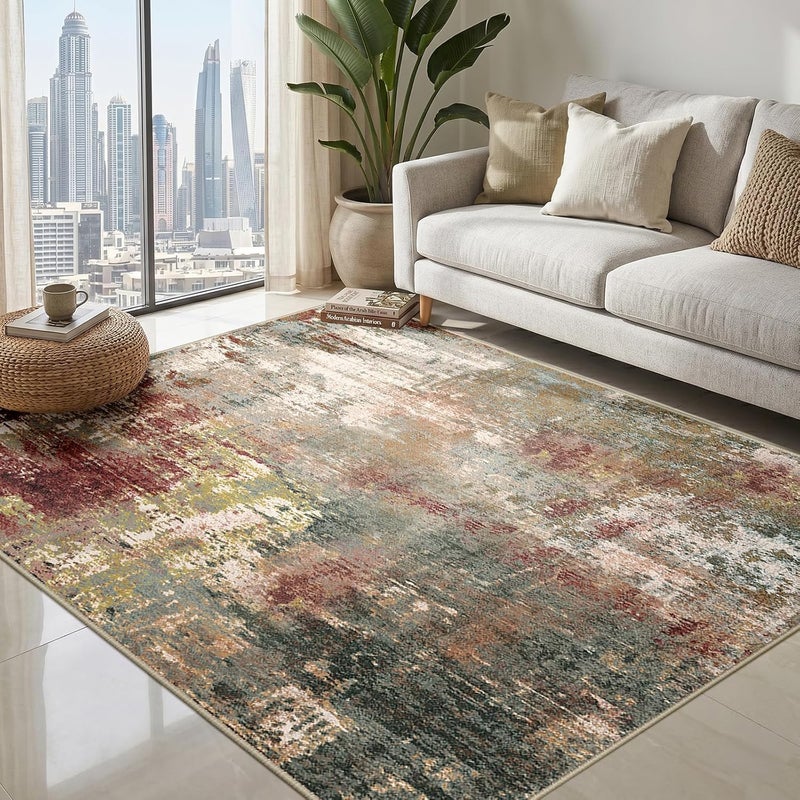 INOVADAY سجاد لغرفة المعيشة، قابل للغسيل في الغسالة، مقاس 120 * 180 سم، سجاد من البوليستر بتصميم معاصر ومجرد، ذو نسيج ناعم وقصير، غير زلق، مناسب لغرفة النوم وغرفة الطعام، لون بني أحمر - Image 1