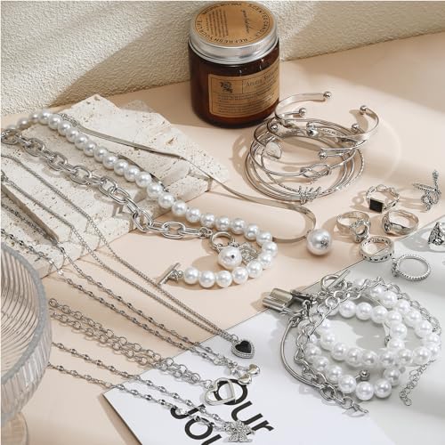 17IF 53 PCS(8 PACK) Silver Plated Jewelry Set with 6 Necklace 11 Ankle Bracelet 30 Kunckle Ring 6 Pair Earring hoop Vintage Boho Pearl for Women and Birthday Travel Holiday - Image 2