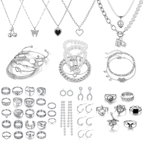 17IF 53 PCS(8 PACK) Silver Plated Jewelry Set with 6 Necklace 11 Ankle Bracelet 30 Kunckle Ring 6 Pair Earring hoop Vintage Boho Pearl for Women and Birthday Travel Holiday - Image 1