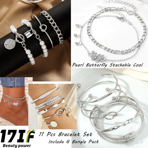 17IF 53 PCS(8 PACK) Silver Plated Jewelry Set with 6 Necklace 11 Ankle Bracelet 30 Kunckle Ring 6 Pair Earring hoop Vintage Boho Pearl for Women and Birthday Travel Holiday - Image 5