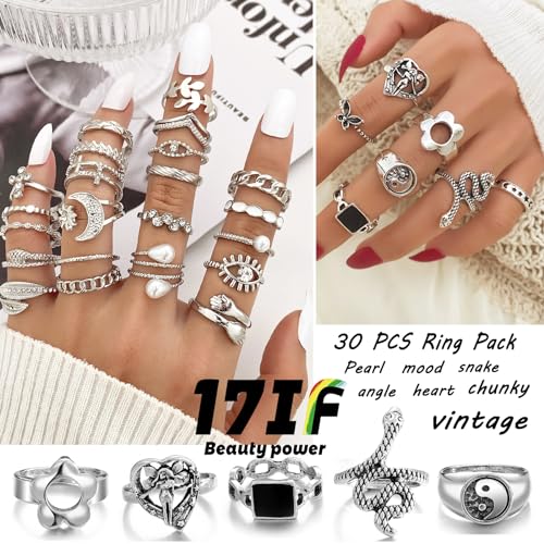 17IF 53 PCS(8 PACK) Silver Plated Jewelry Set with 6 Necklace 11 Ankle Bracelet 30 Kunckle Ring 6 Pair Earring hoop Vintage Boho Pearl for Women and Birthday Travel Holiday - Image 4