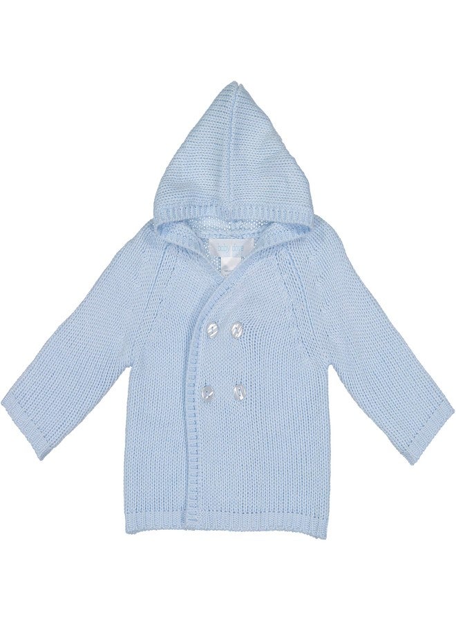 Baby Dove Blue Soft Elegant Newborn Baby Boy Double Breasted Sweater Jacket with Hood 0-3 Mo - Image 1