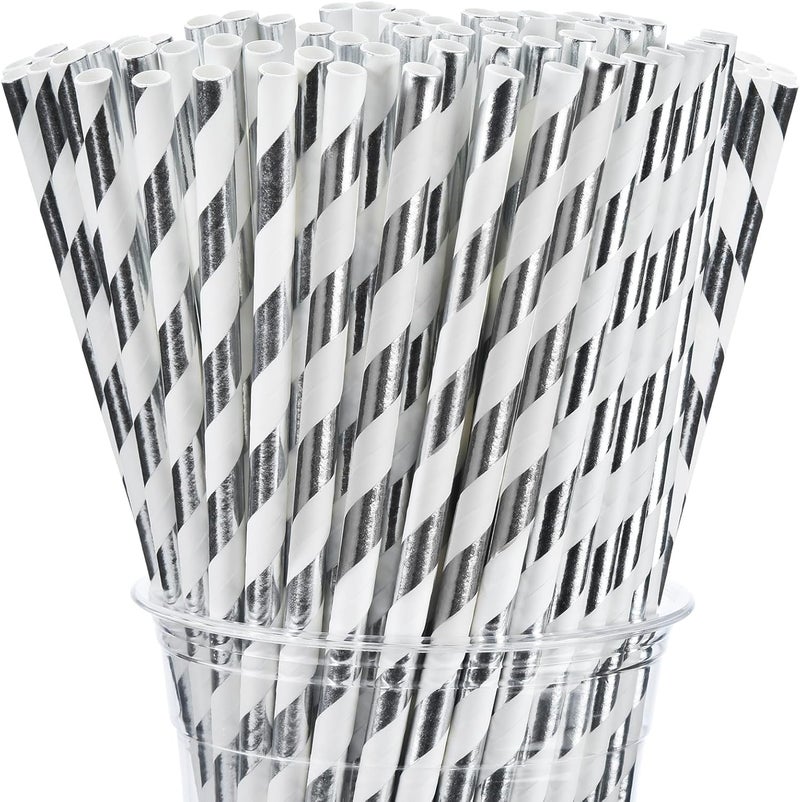 ALINK 100 Counts Stripe Paper Straws (Silver Stripe) - Image 1