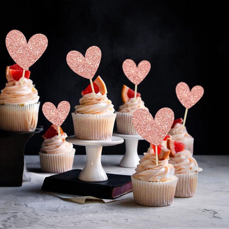 Ephlyn 24Pcs Heart Cupcake Toppers Glitter Love Heart Valentine Cake Pick Decorations for Valentine's Day Theme Wedding Engagement Bridal Shower Birthday Party Supplies Rose Gold - Image 4