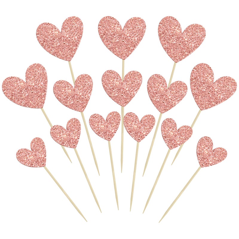 Ephlyn 24Pcs Heart Cupcake Toppers Glitter Love Heart Valentine Cake Pick Decorations for Valentine's Day Theme Wedding Engagement Bridal Shower Birthday Party Supplies Rose Gold - Image 1