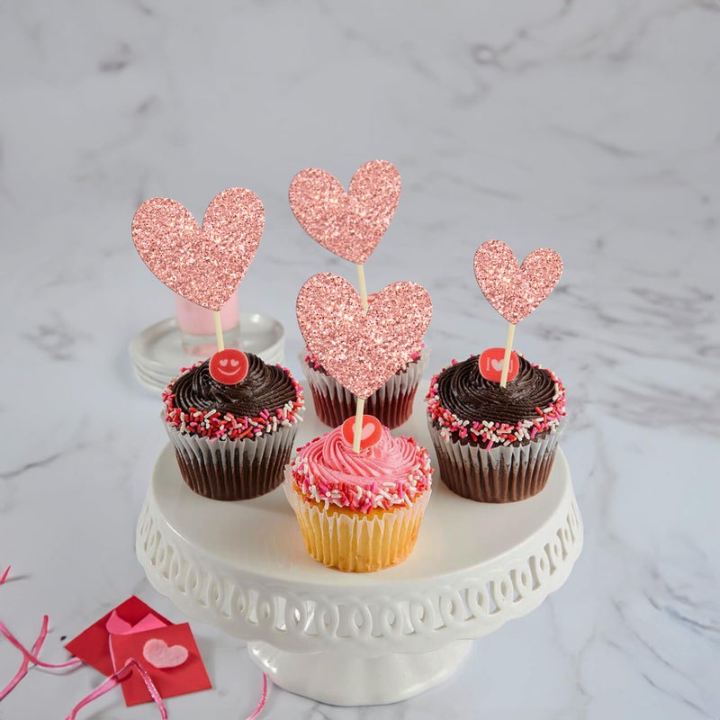 Ephlyn 24Pcs Heart Cupcake Toppers Glitter Love Heart Valentine Cake Pick Decorations for Valentine's Day Theme Wedding Engagement Bridal Shower Birthday Party Supplies Rose Gold - Image 5