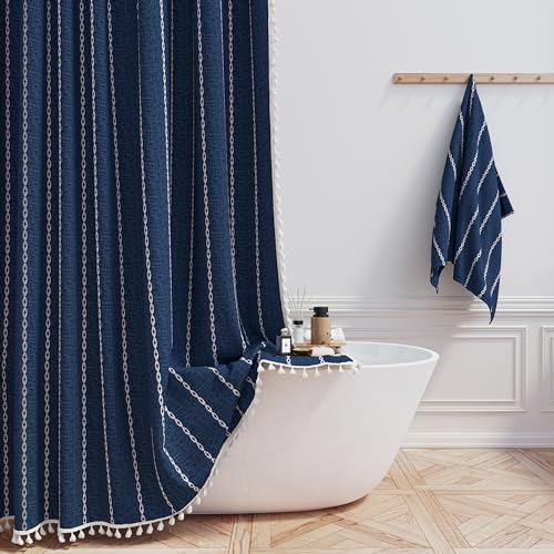BTTN Boho Farmhouse Shower Curtain - Linen Rustic Weighted Striped Fabric Shower Curtain Set with Tassel, Water Repellent, Bohemian Vintage Country Cloth Shower Curtain for Bathroom, Navy Blue, 72x72 - Image 1