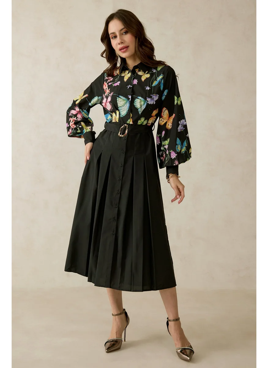Virgio Virgio Women Floral Printed A-Line Leila Butterfly Midi Buckle Dress