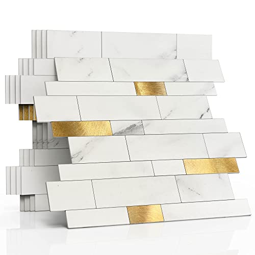 M MOFIT Backsplash Tile for Kitchen Peel and Stick Stone Matte Finish,Bathroom Tiles Stickers 3D Wall Panel Linear Mosaic Marble Backsplash Waterproof(10sheets,White Gold) - Image 1