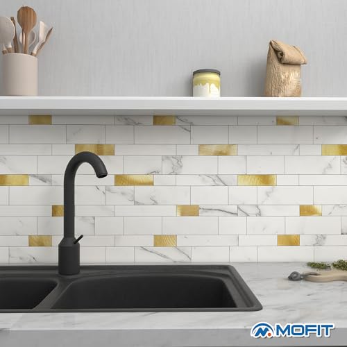 M MOFIT Backsplash Tile for Kitchen Peel and Stick Stone Matte Finish,Bathroom Tiles Stickers 3D Wall Panel Linear Mosaic Marble Backsplash Waterproof(10sheets,White Gold) - Image 3