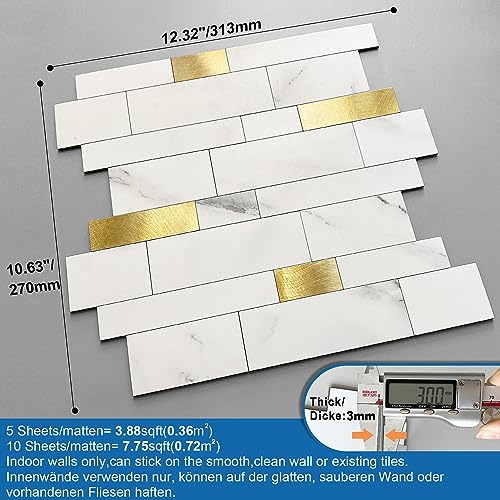 M MOFIT Backsplash Tile for Kitchen Peel and Stick Stone Matte Finish,Bathroom Tiles Stickers 3D Wall Panel Linear Mosaic Marble Backsplash Waterproof(10sheets,White Gold) - Image 5